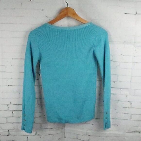VICKY AQUA BLUE V NECK LONG SLEEVE RIBBED KNIT SWEATER WITH SPARKLE TRIM SIZE 2 - Picture 9 of 10